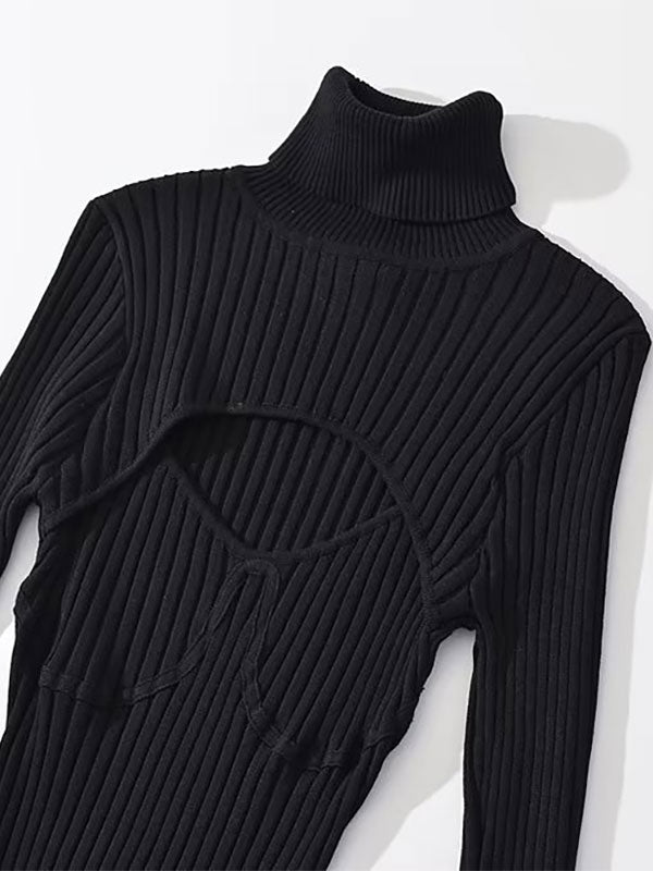 Sexy Sweater Dress Polo Neck Long Sleeves Cut Out Bodycon Mini Dresses