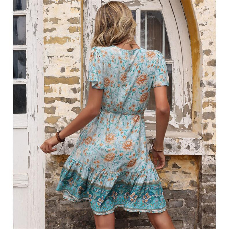 Vintage Printed V-Neck Mini Dress in Apricot and Green