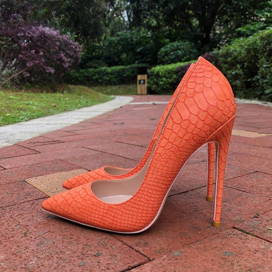 Orange Croc-Effect Pointy Toe High Heels for Women