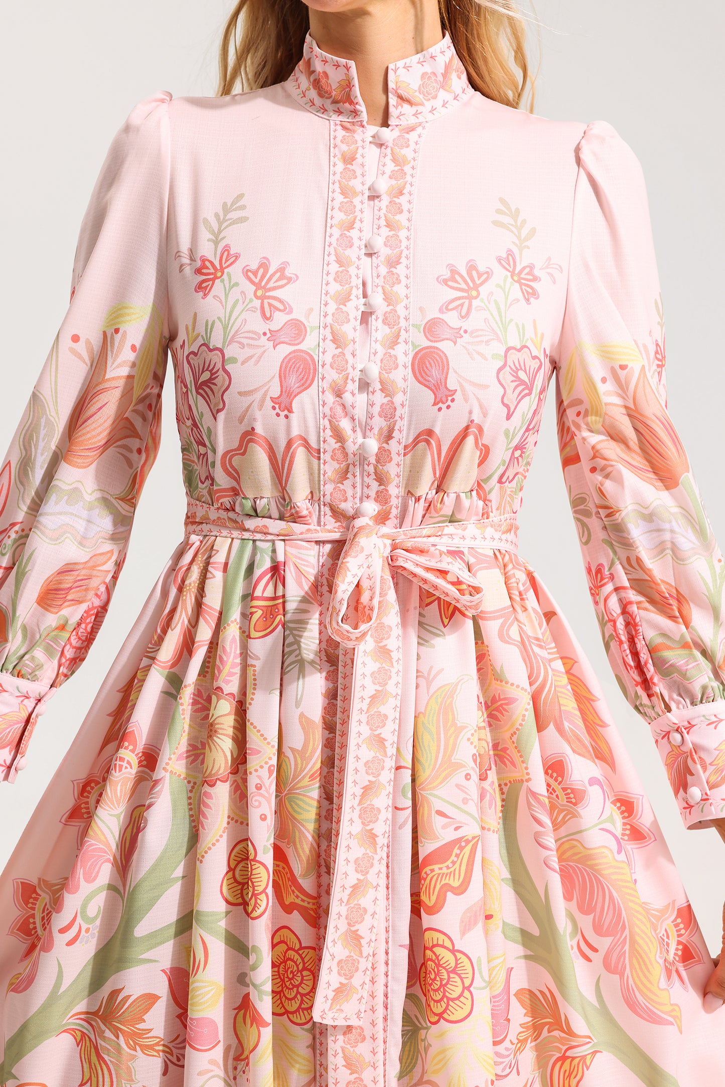 Floral Bottom Lantern Sleeve Midi Dress With Belt