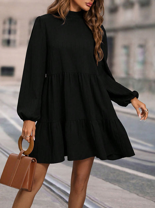 A-Line Long Sleeves Hollow Pleated Solid Color Split-Joint Mock Neck Mini Dresses
