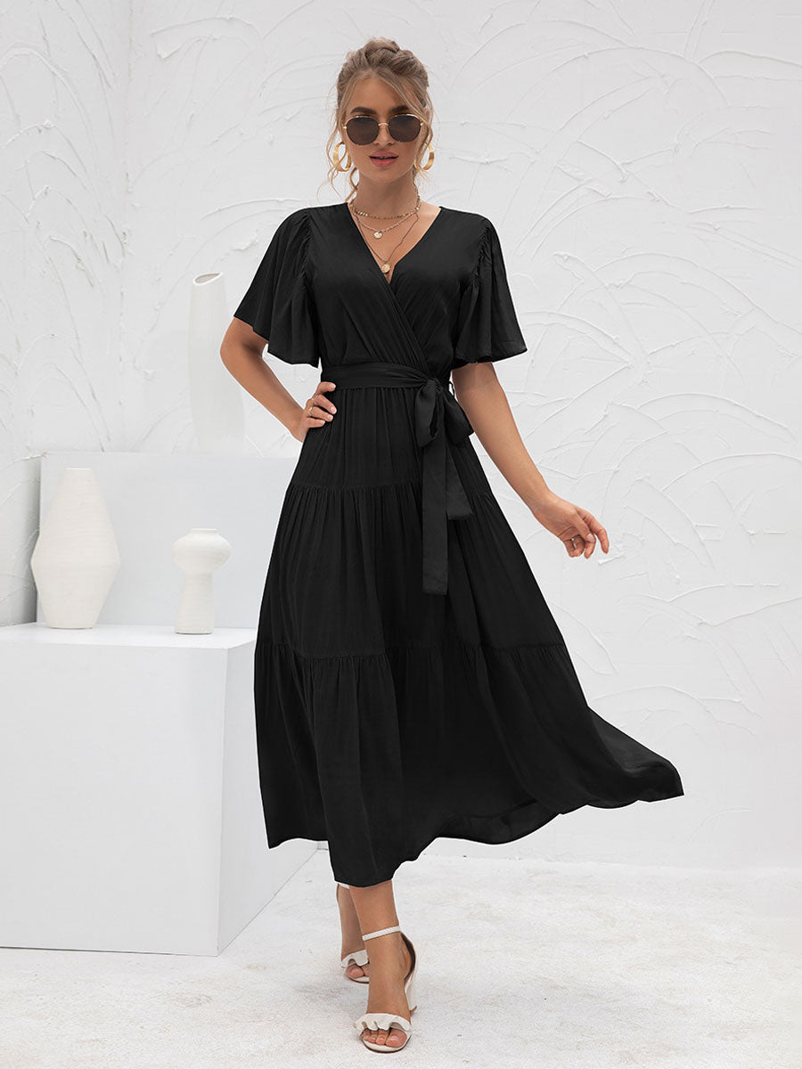 V-Neck Maxi Dress Short Sleeves Casual Layered Floor Length Dress