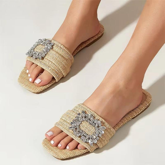 Summer Glitter Rhinestone Women Sandals with Flat Bottom