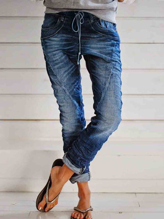 Retro Pocket Drawstring Self-tie Jeans