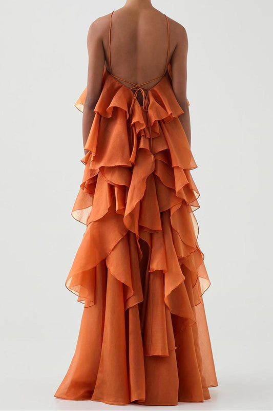 3D Flower Halter Neck Frill Maxi Dress