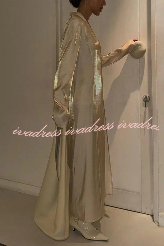 Solid Color Glossy V-neck Long Sleeve Casual Slit Maxi Dress