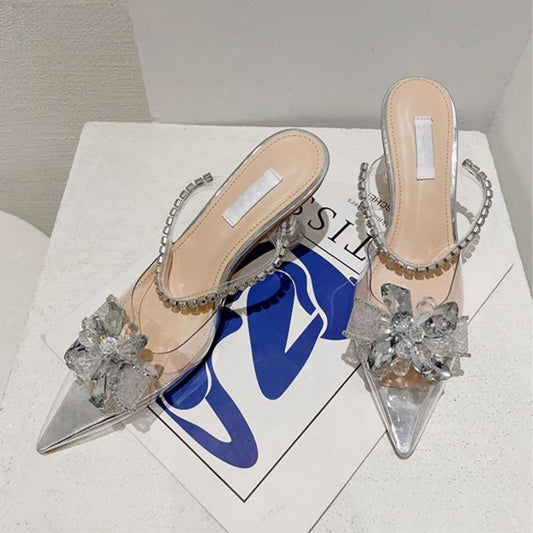 Silver String Bead Crystal Buckle Women Pumps with Pointed Toe and Low Heels