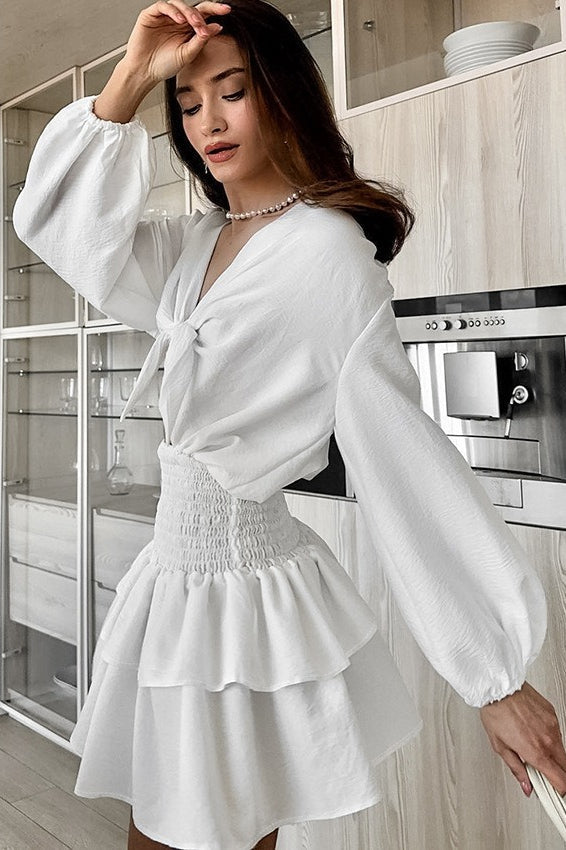 Tie Front Lantern Sleeve Crop Top Smocked Tiered Ruffle Skirt Set