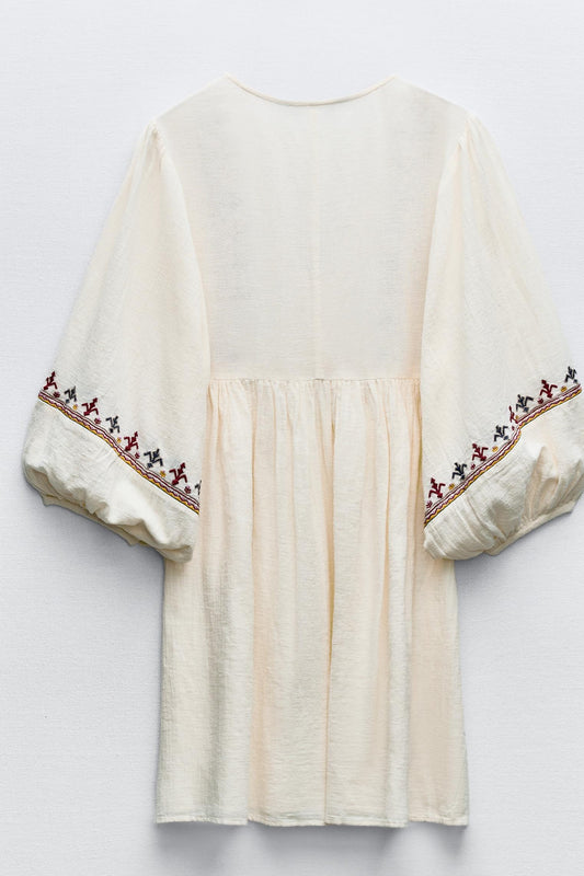 V-Neck Lantern Sleeve Embroidered Mini Dress