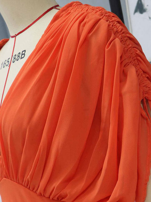 Women Maxi Dress Orange Red V-Neck Short Sleeves Backless Long Dress