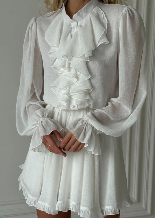 High Neck Ruffle Button Front Lantern Sleeve Mini Dress