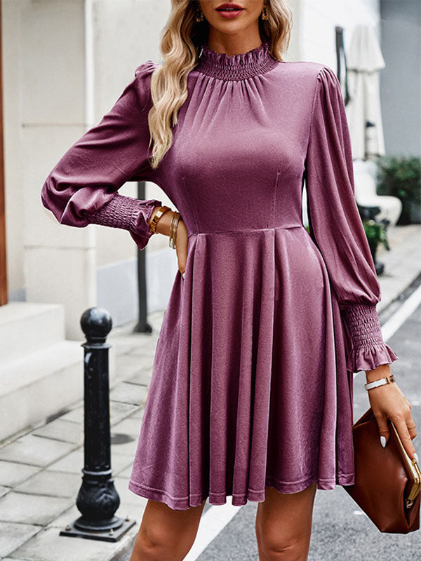 Velvet Dress Burgundy High Collar Long Sleeves Fall Mini Dresses