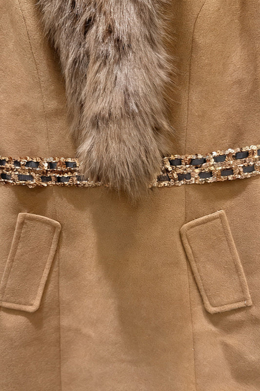 Faux Fur Collar Print Belt Welt Pocket Sleeveless Sheath Midi Dress