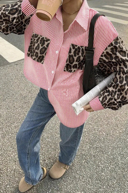 Stripe Leopard Patchwork Long Sleeve Casual Blouse