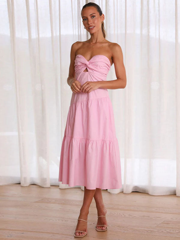 Summer Midi Dress Pink Strapless Cut Out Beach Dress