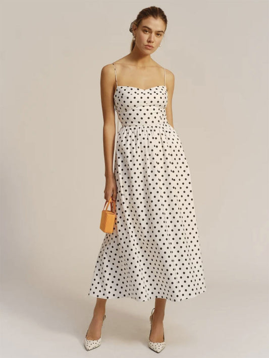 Summer Midi Dress White Straps Neck Pleated Polka Dot Beach Dress