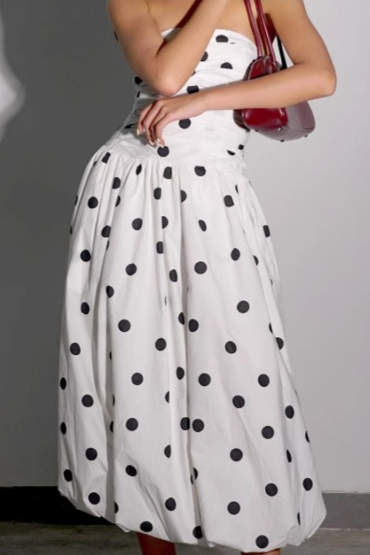 Strapless Ruched Bubble Hem Polka Dot Bodycon Midi Dress