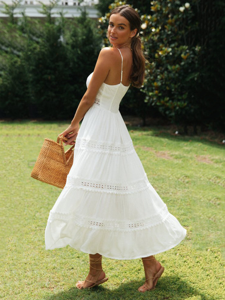 Eyelet Lace Maxi Slip Dress for Women - White Boho Tiered Spaghetti Strap Sun Dress - Summer Beach Resort 2026