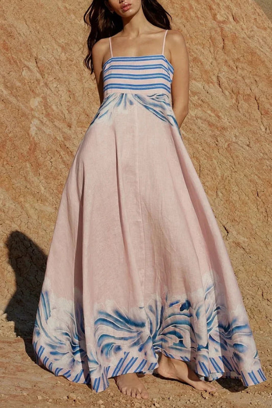 Unique Print Square Neck Spaghetti Strap Back Gathered Maxi Dress