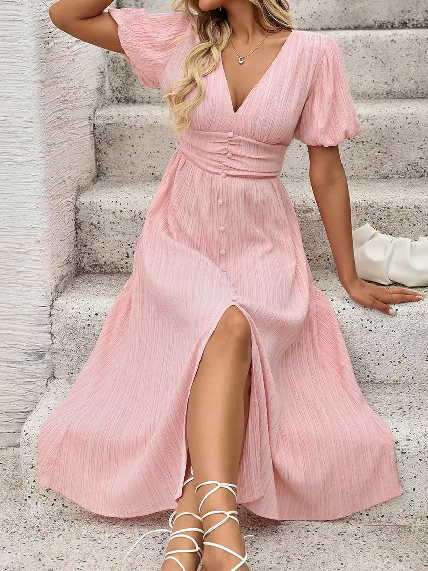 Pastel Pink Midi Tea Dress for Women - Puff Sleeve Ruched Bust Button Front High Waist Flare Dress - Summer Vacation 2026