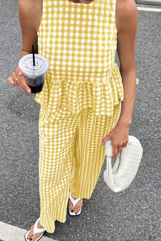Plaid Ruffle Hem Round Neck Sleeveless Skirt Set