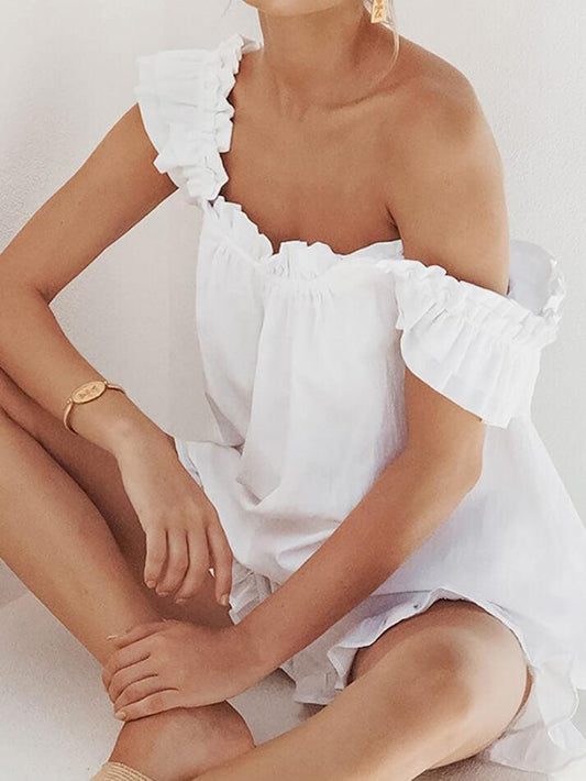 Solid Color Vintage Pure Cotton Ruffle Shorts Set