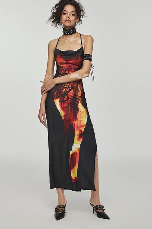 Cowl Neck Halter Strap Flame Graphic Print High Slit Maxi Dress