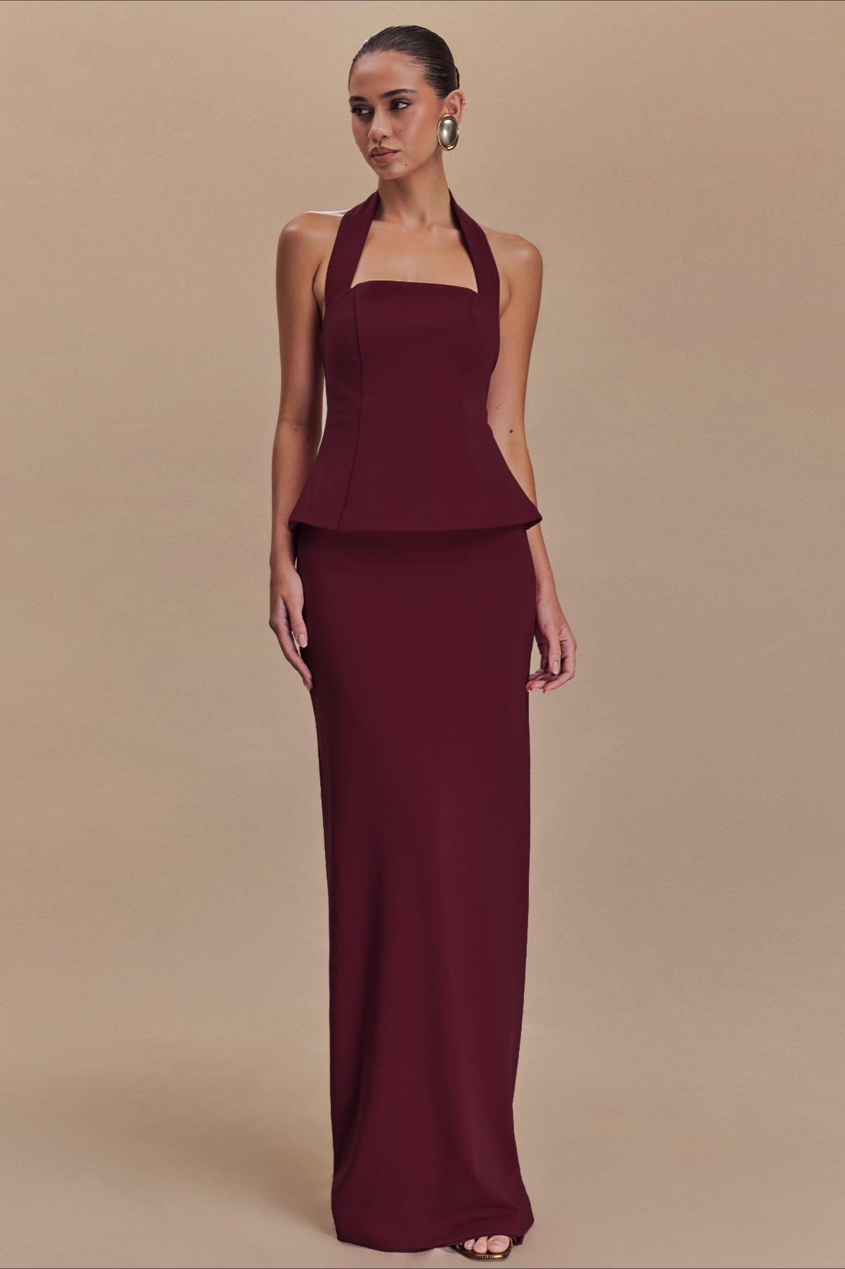 Square Neck Halter Peplum Top Column Maxi Skirt Set