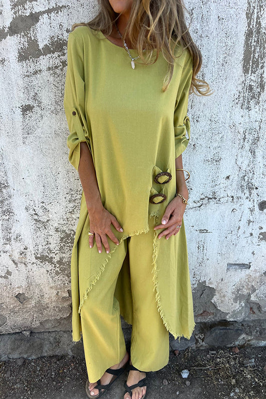 Jamilah Linen Blend Ring Detail Midi Blouse and Elastic Waist Pocketed Loose Pants Set