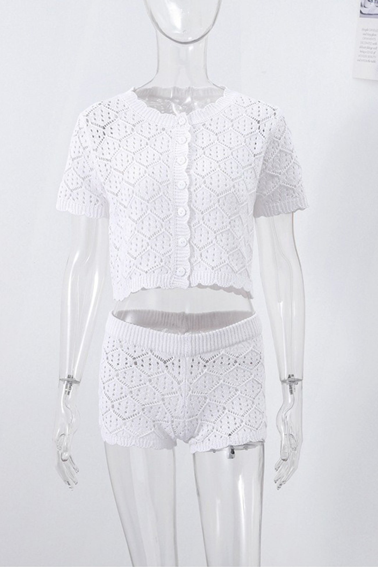 Hollow-out Jacquard Blouse Cover-up Set
