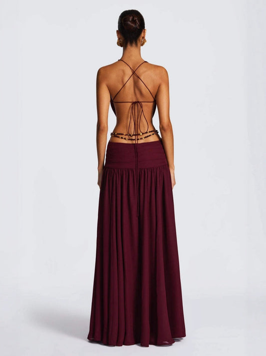 Halter Neck Deep V Lace-up Backless Sexy High Slit Metal Decoration Maxi Dresses