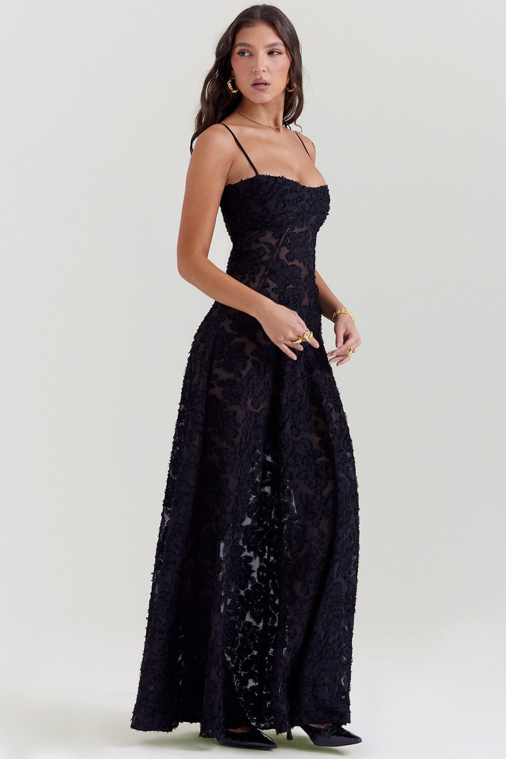 Floral Jacquard Spaghetti Strap Lace Up Corset Back Fit and Flare Maxi Dress