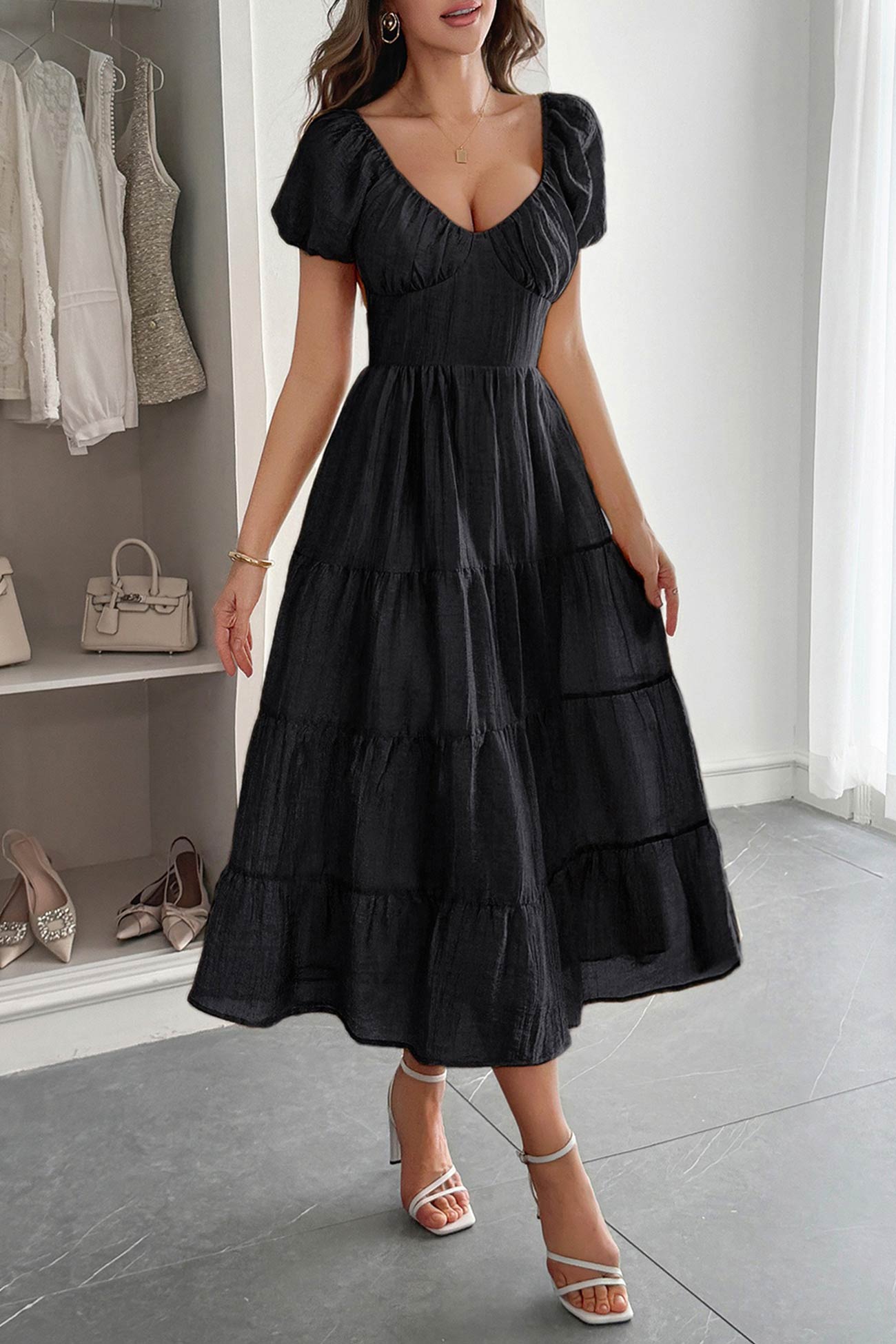 Low Cut Puff Sleeve Backless Tiered Dress