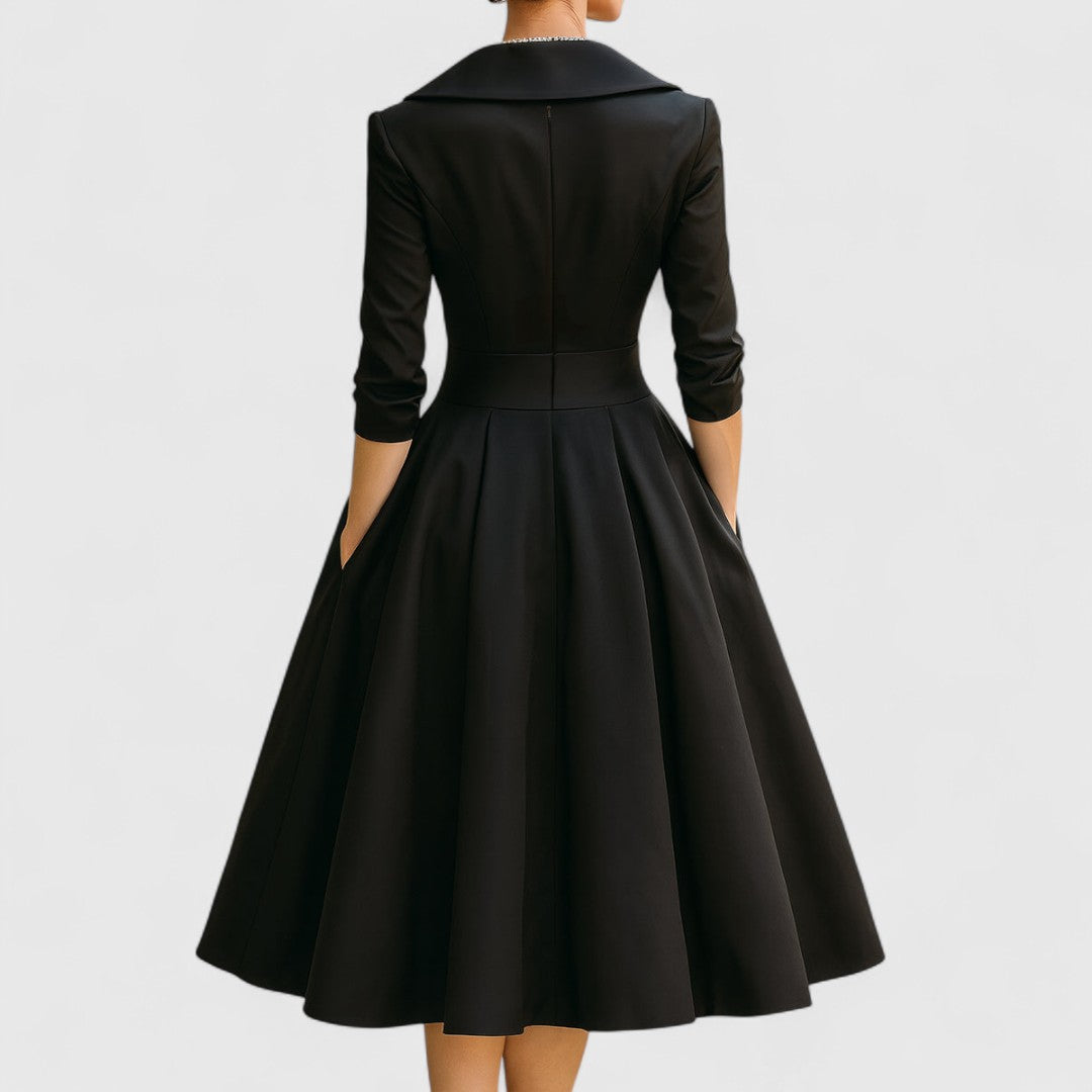 Shawl Collar Wrap Bodice Three Quarter Sleeve Pleated Pocket Midi Dress
