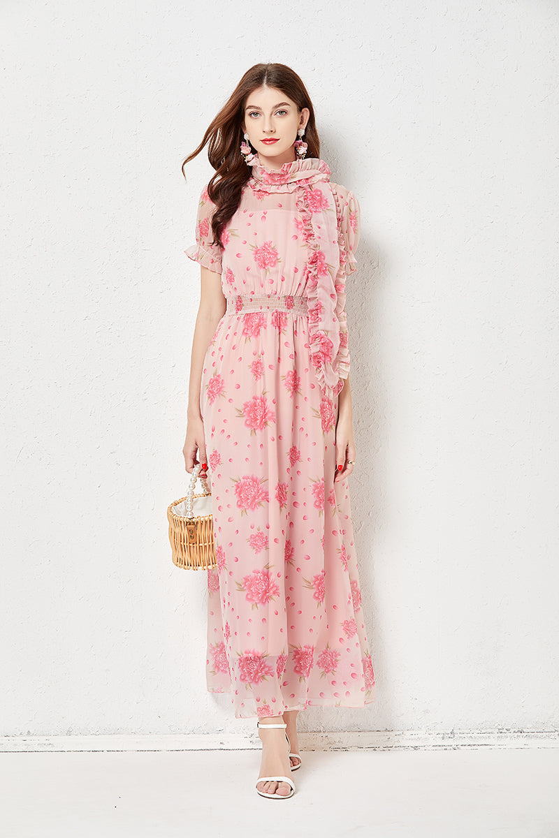 Fairy Dress Simulation Silk Light Elegant Large Swing Elastic Waist Long Dress Pink Print Silk Scarf