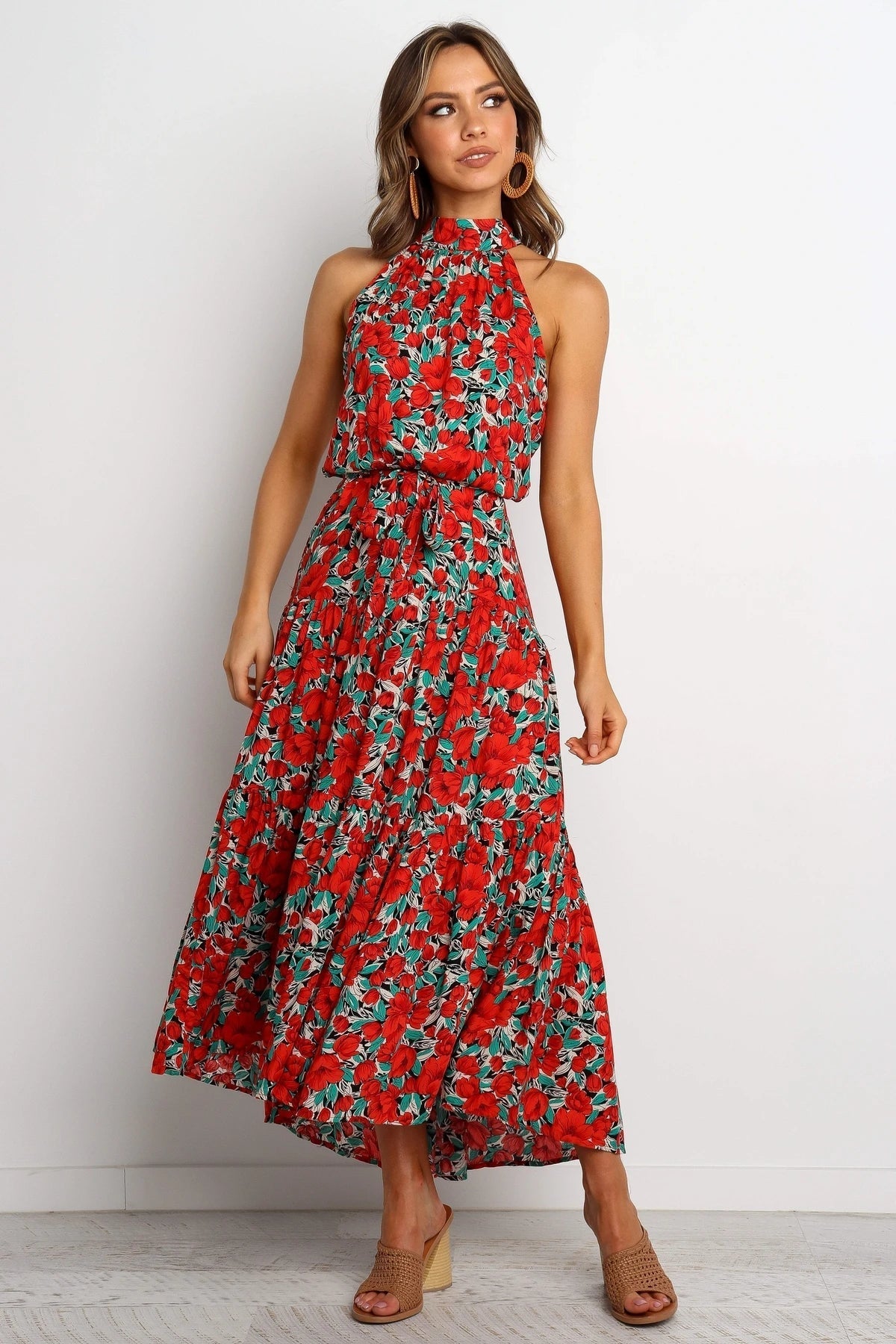 Printed Belted Elegant Sleeveless Mixi A Line Dress
