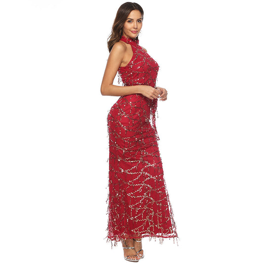 Popular Sleeveless Turtleneck Tassel Sequ Dress Maxi Dress
