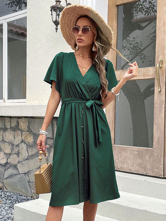 Lace Up Tatting Classic V-Neck Short Sleeves Midi Dress