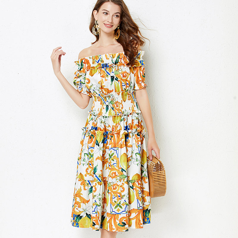 off shoulder Collar Short sleeved Ruffled Dress