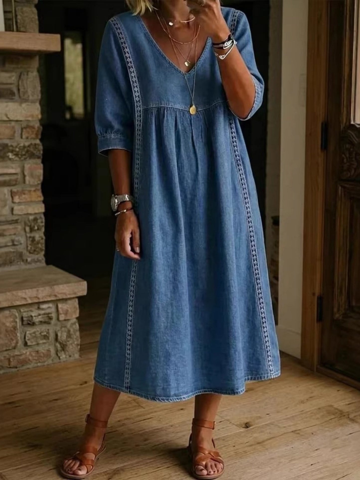 Lace Trim Linen Cotton V-neck Maxi Dresses
