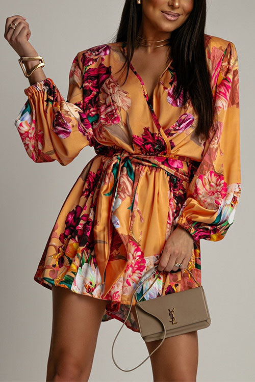 Wrap V Neck Long Sleeves Tie Waist Floral Print Romper