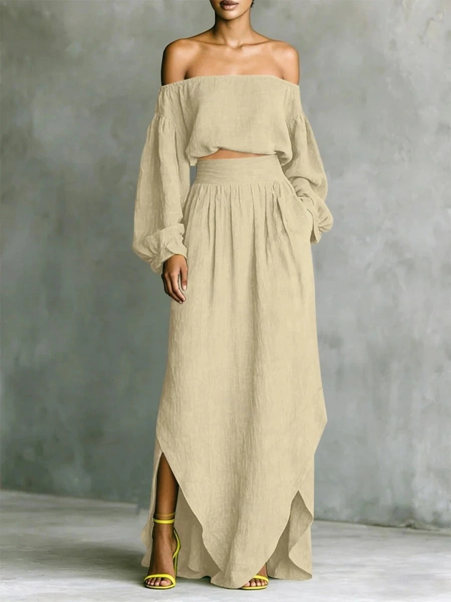 Off Shoulder Cropped Long-sleeved Two-piece Suit