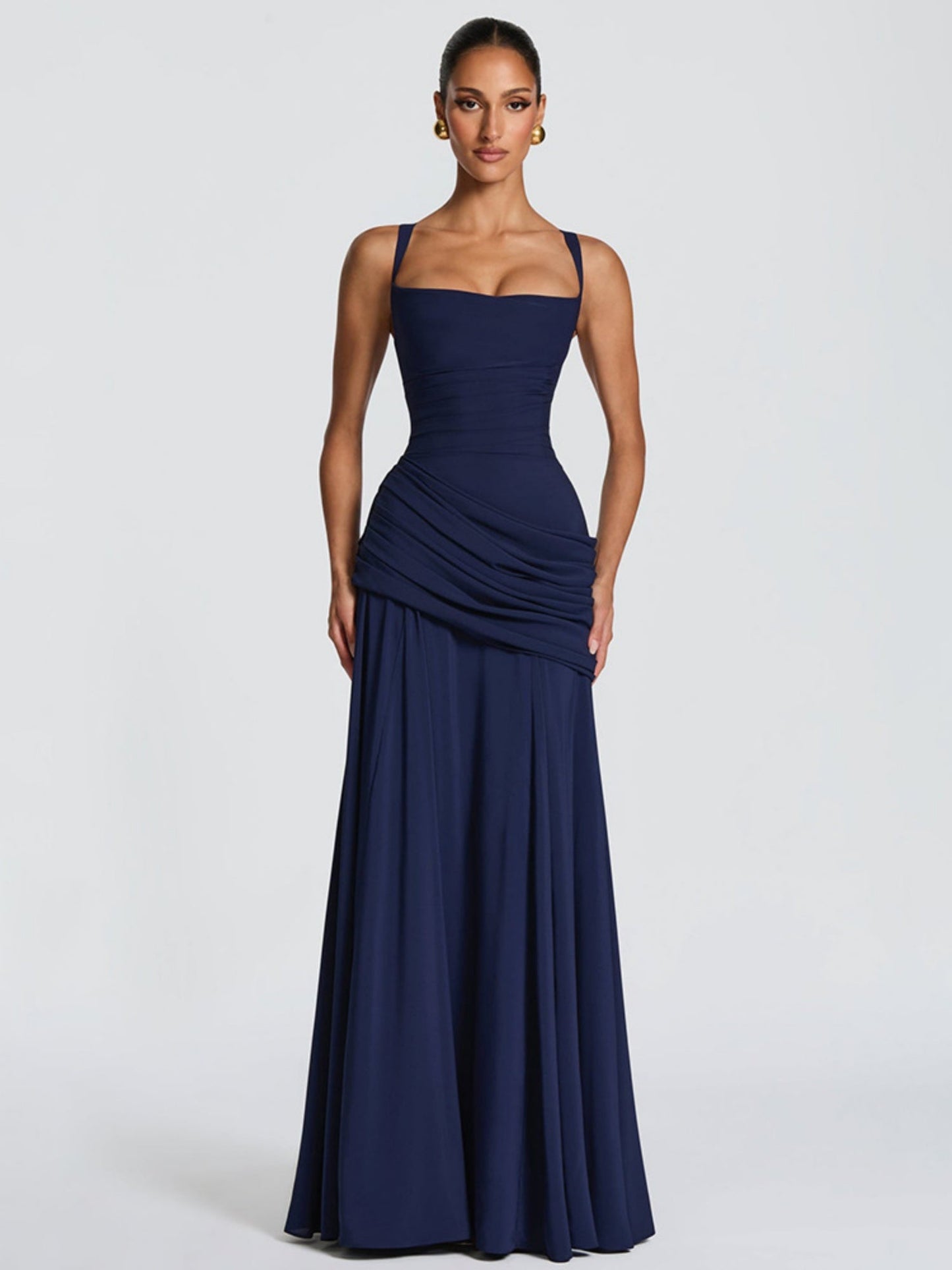Pleated Waist-cinching And Backless Fish Tail Low-cut Halter Top Maxi Dresses