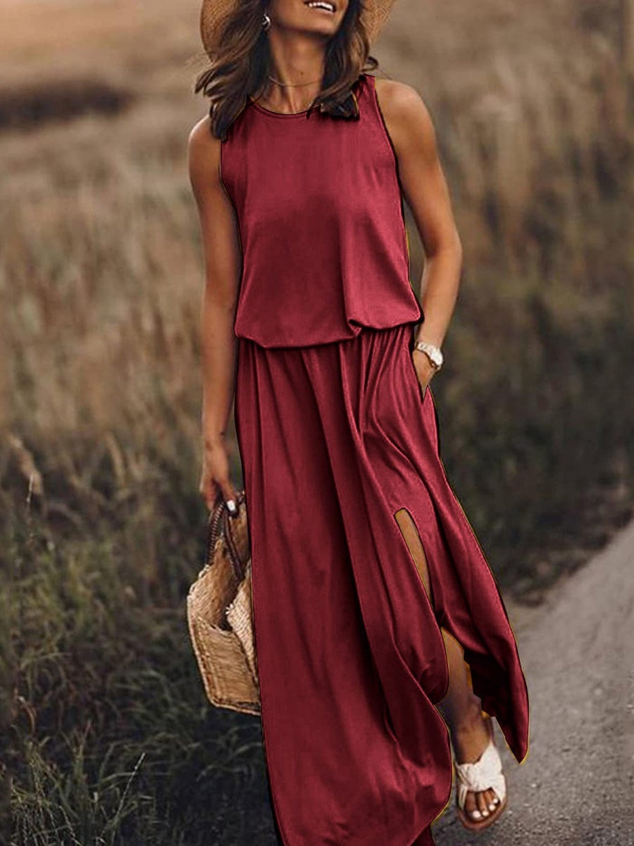 Round Neck Sleeveless Slit Long Dress