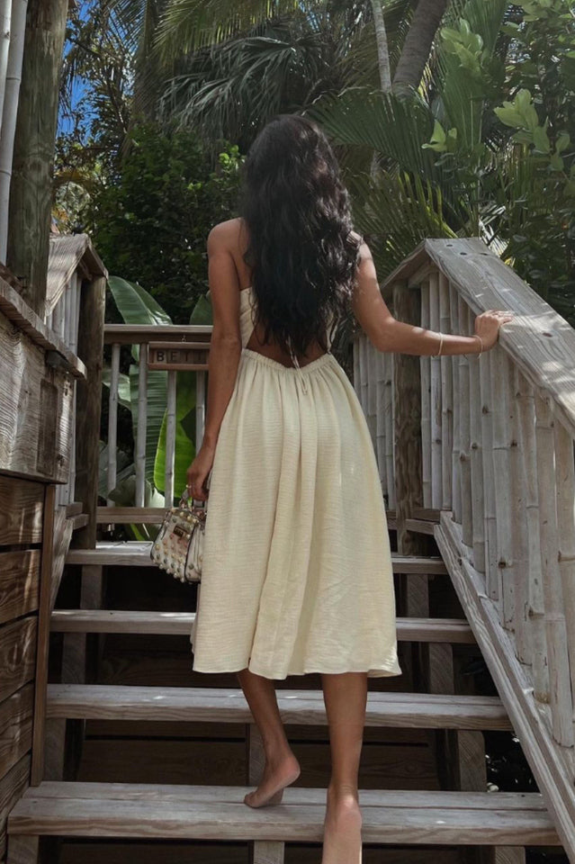 Halter Deep V Neck Ruched Bust Triangle Cutout Side Slit Midi Dress