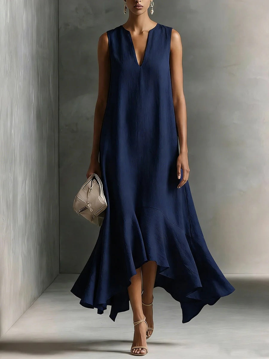 Sleeveless Irregular Hem Deep V-neck Maxi Dresses
