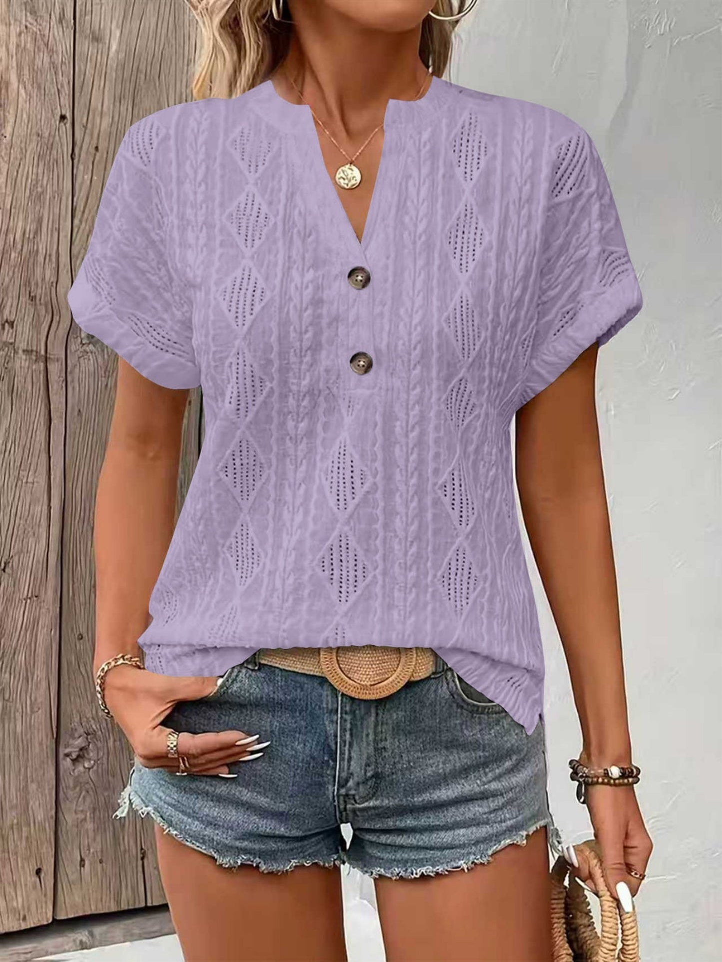 Knitting Buttons V-neck Short Sleeve T-shirts