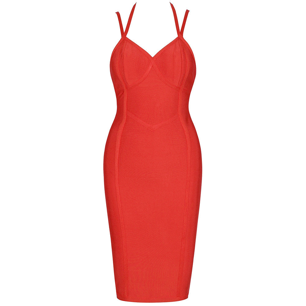 Bandage Deep V-Neck Halter Strap Panel Seam Bodycon Midi Cocktail Mini Dress