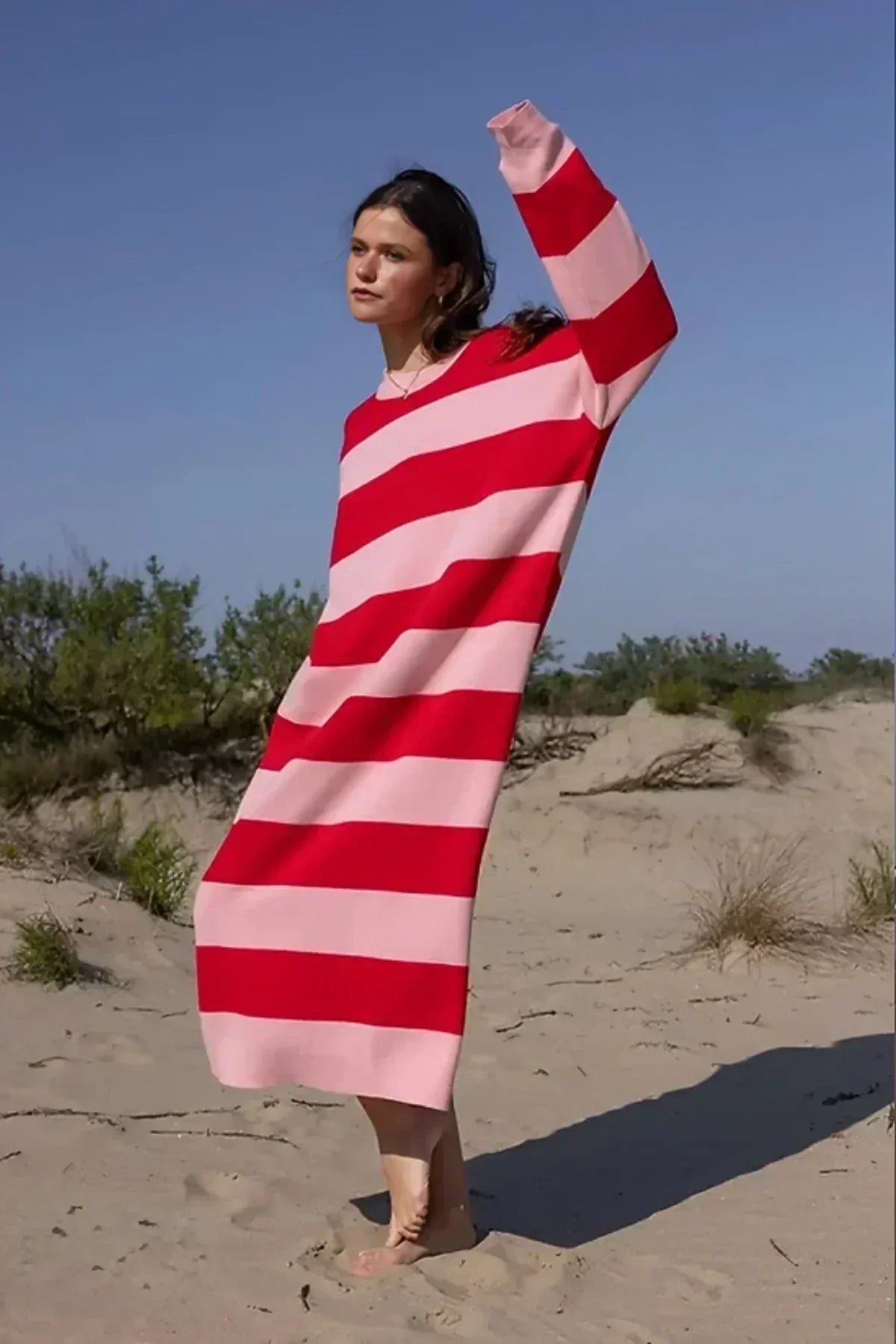 Bold Stripe Mock Neck Long Sleeve Oversized Knit Midi Sweater Dress