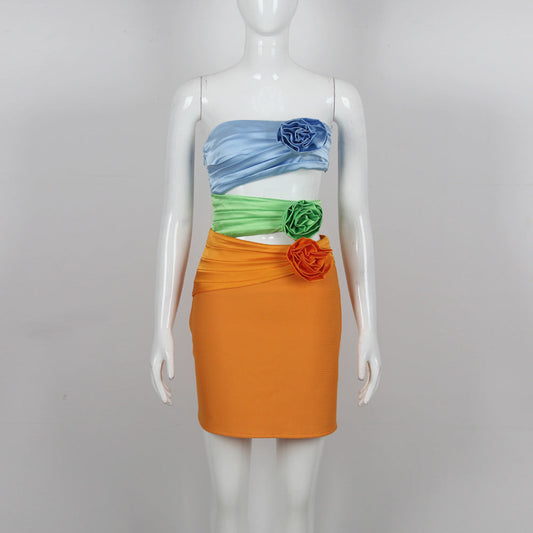 Floral Color Short Slim Tube Top Tied Dress